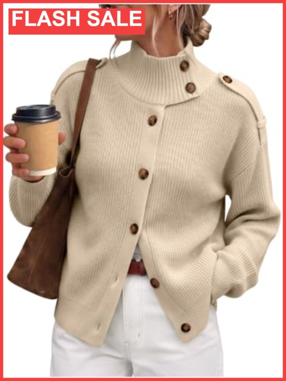 Ribbed Knit Button Cardigan Mock Neck Cotton Blend Long Sleeve